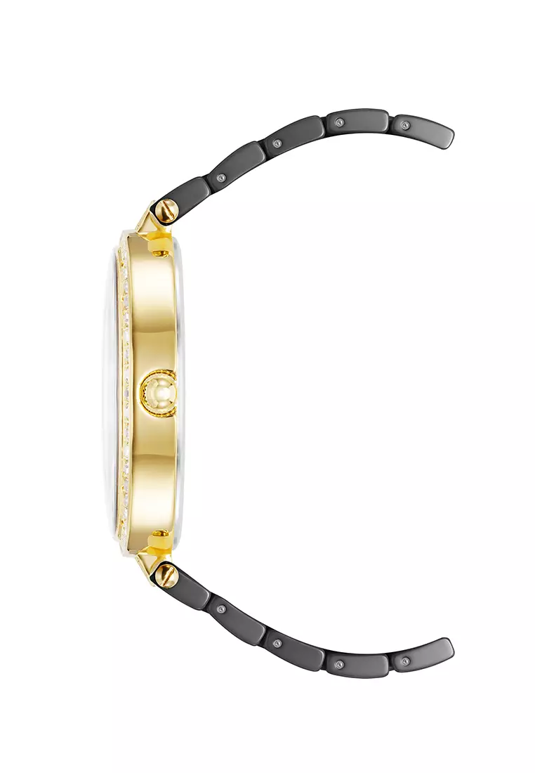 Gold Tone Oval Crystal Watch With Ceramic Band