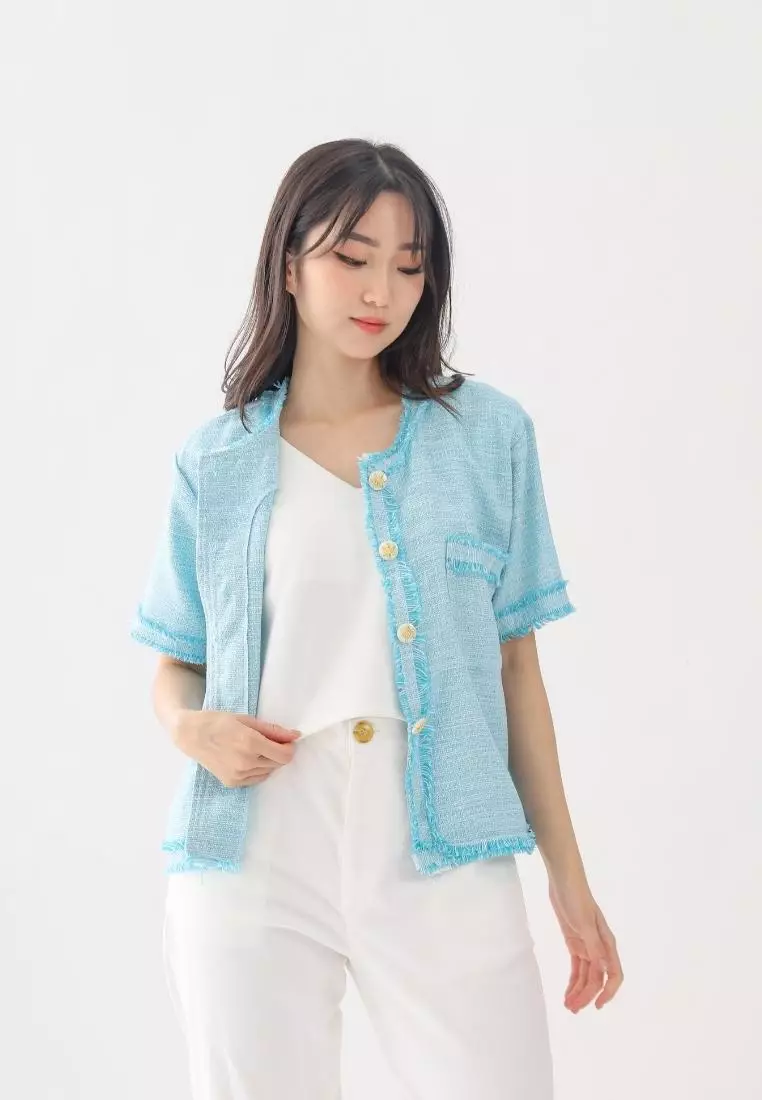 Yoona Tweed Top Tiffany Blue