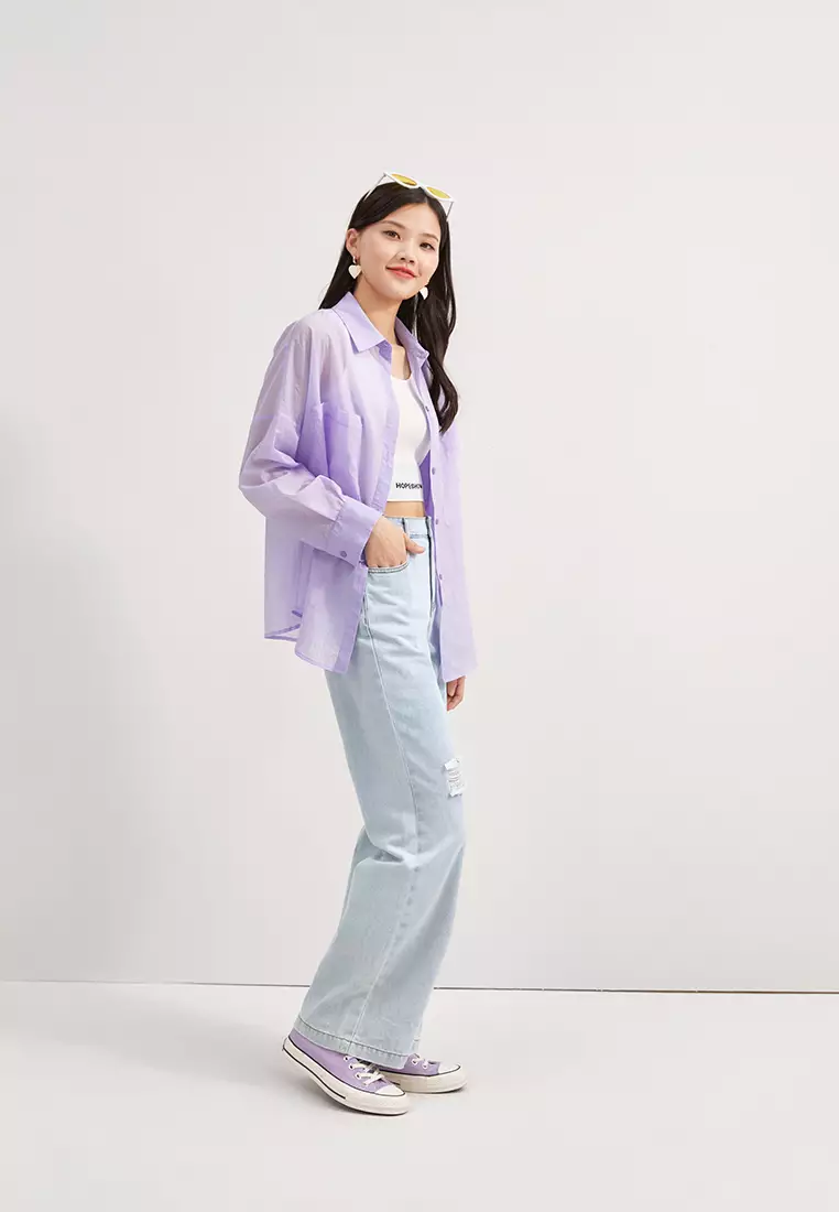 Loose Fit Semi Sheer Button Blouse