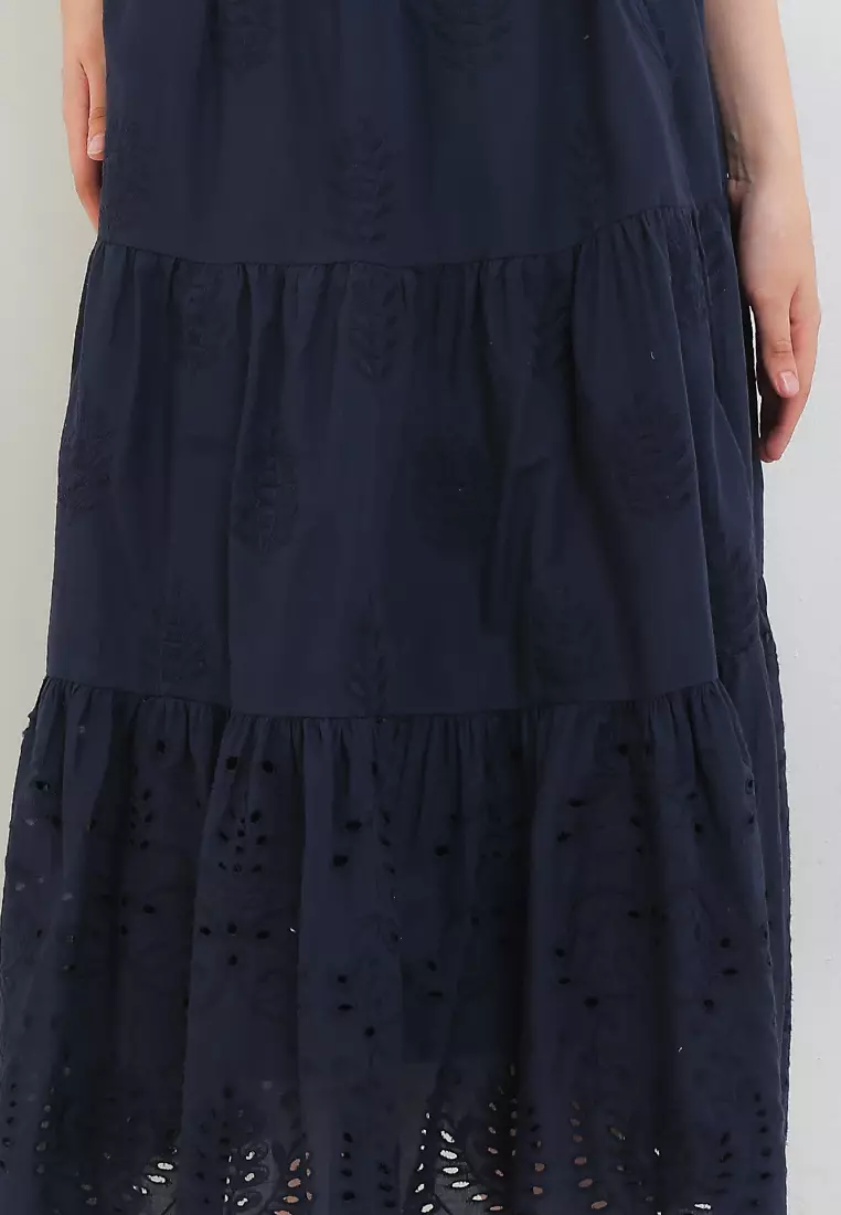 Scallop Hem 3 Tiers Eyelet Midi Skirt