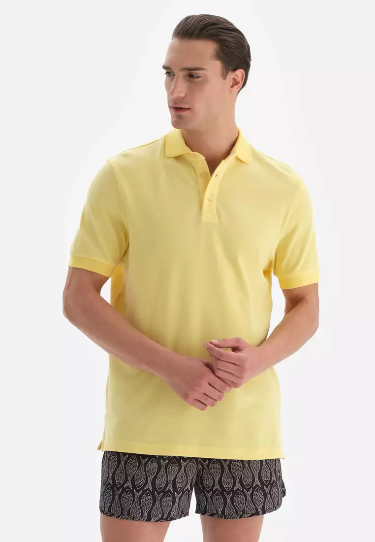 Light Yellow T-Shirt, Polo Neck, Short Sleeve Beachwear for Men