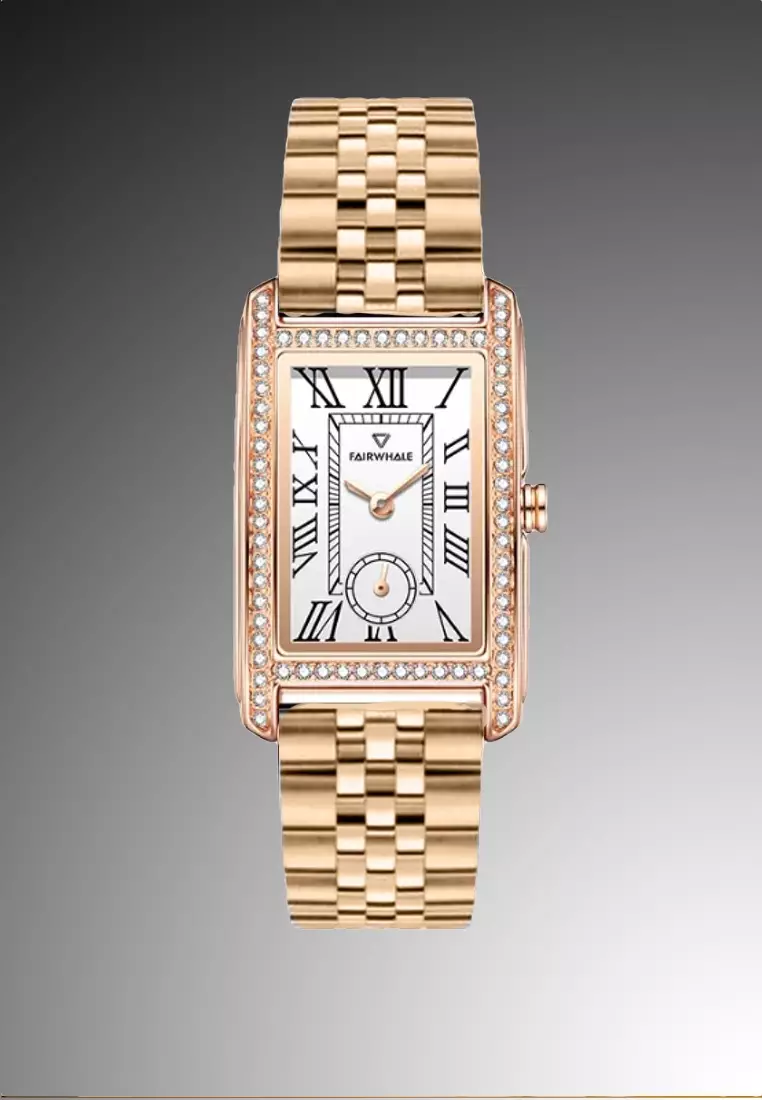 Ladies Rose Gold Color Stainless Steel Quartz Watch, Stainless Steel Bracelet + Free Black Leather Strap