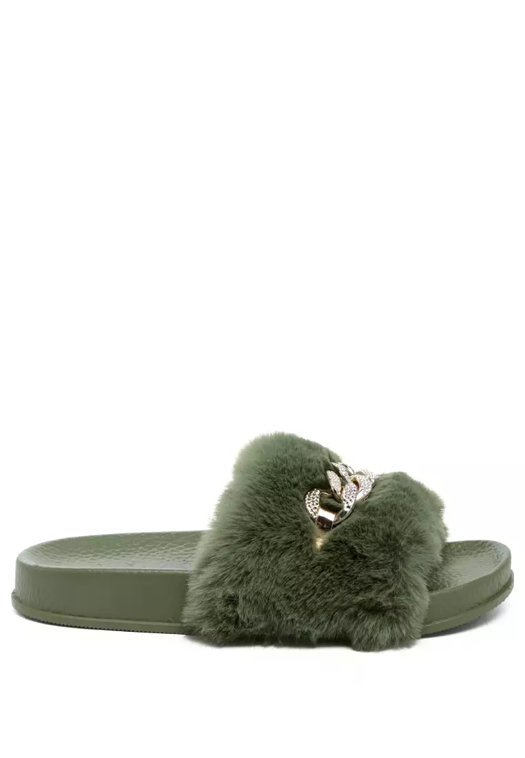 Discount on London Rag  shoes - SKU: Metal Chain Detail Fur Slides In Olive