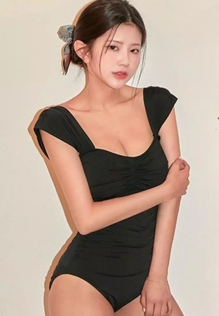 Pure Color Girl Conservative One-Piece Swimsuit A21071413BK