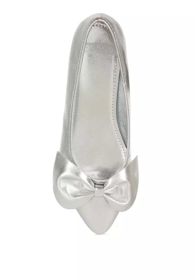 銀色金屬皮蝴蝶結芭蕾舞平底鞋