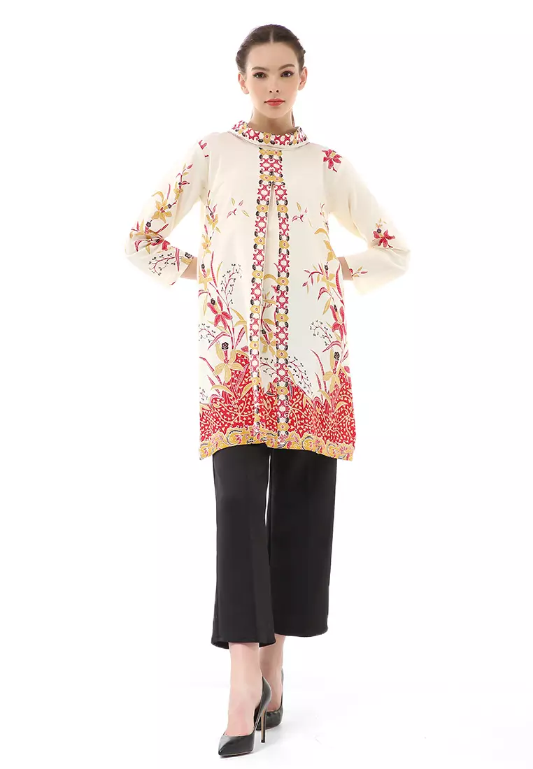 Olaf Atasan Batik Wanita Tunik Traditional Motive Elegant Design Material Cotton ORIGINAL - White Red