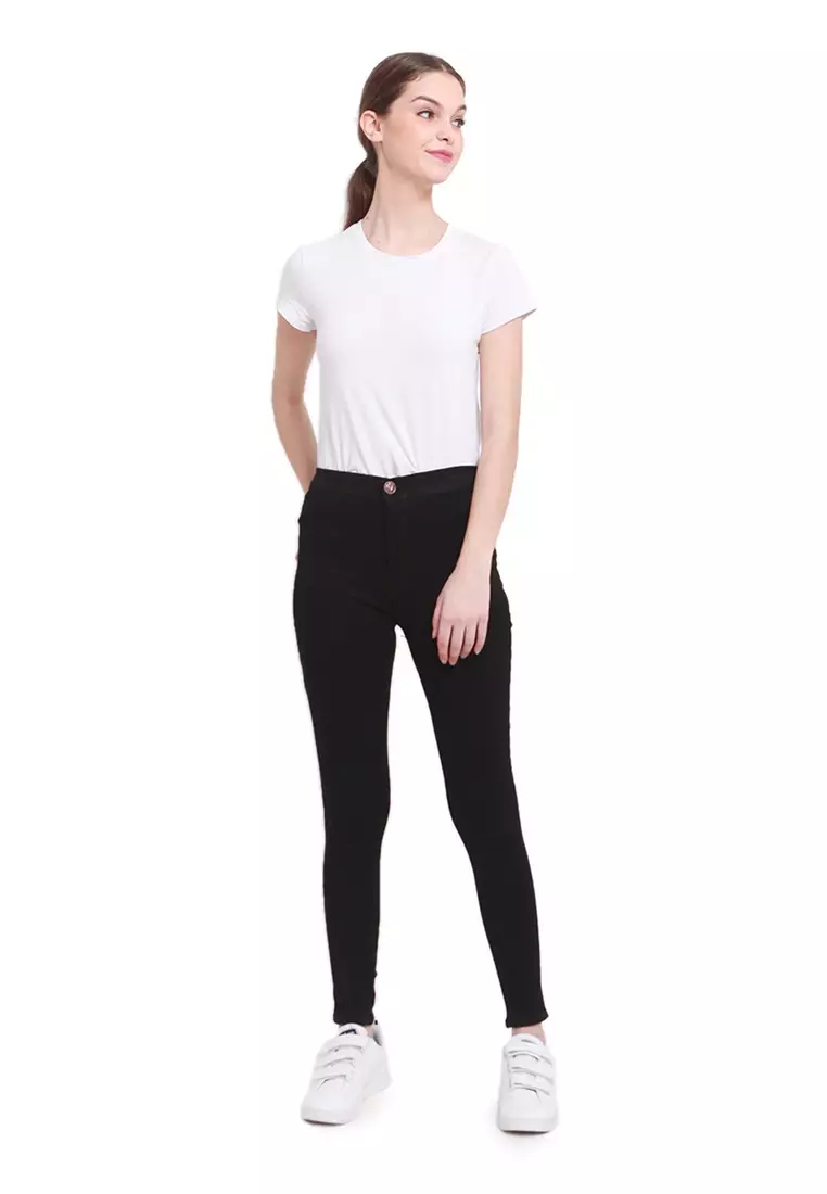 Celana High Waist Skinny Plain Jeans Bawahan Wanita Premium Quality - Black