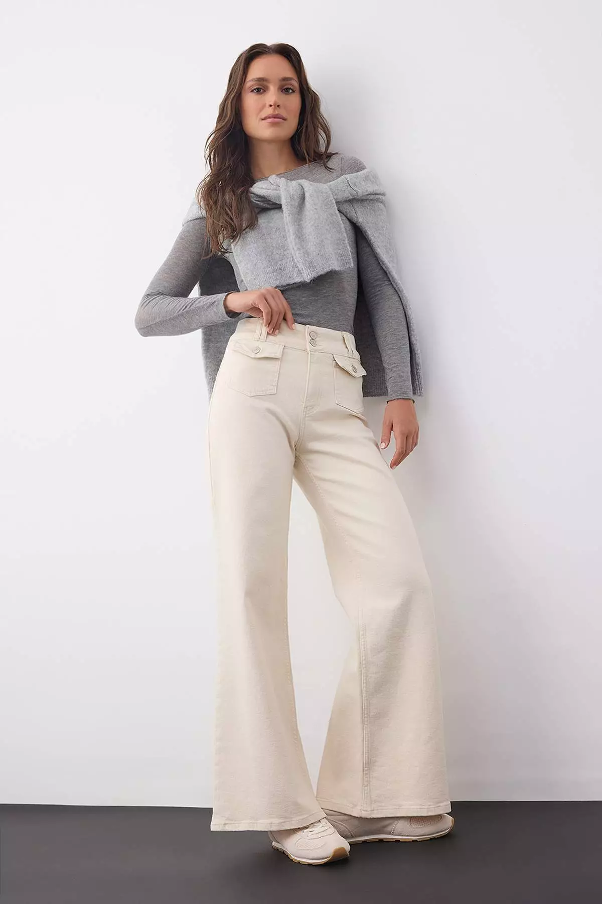 Wardrobe Essentials Ecru High Waist Pocket Detail Comfort Flexible Wide Leg Palazzo Jeans Twoaw26Je00120