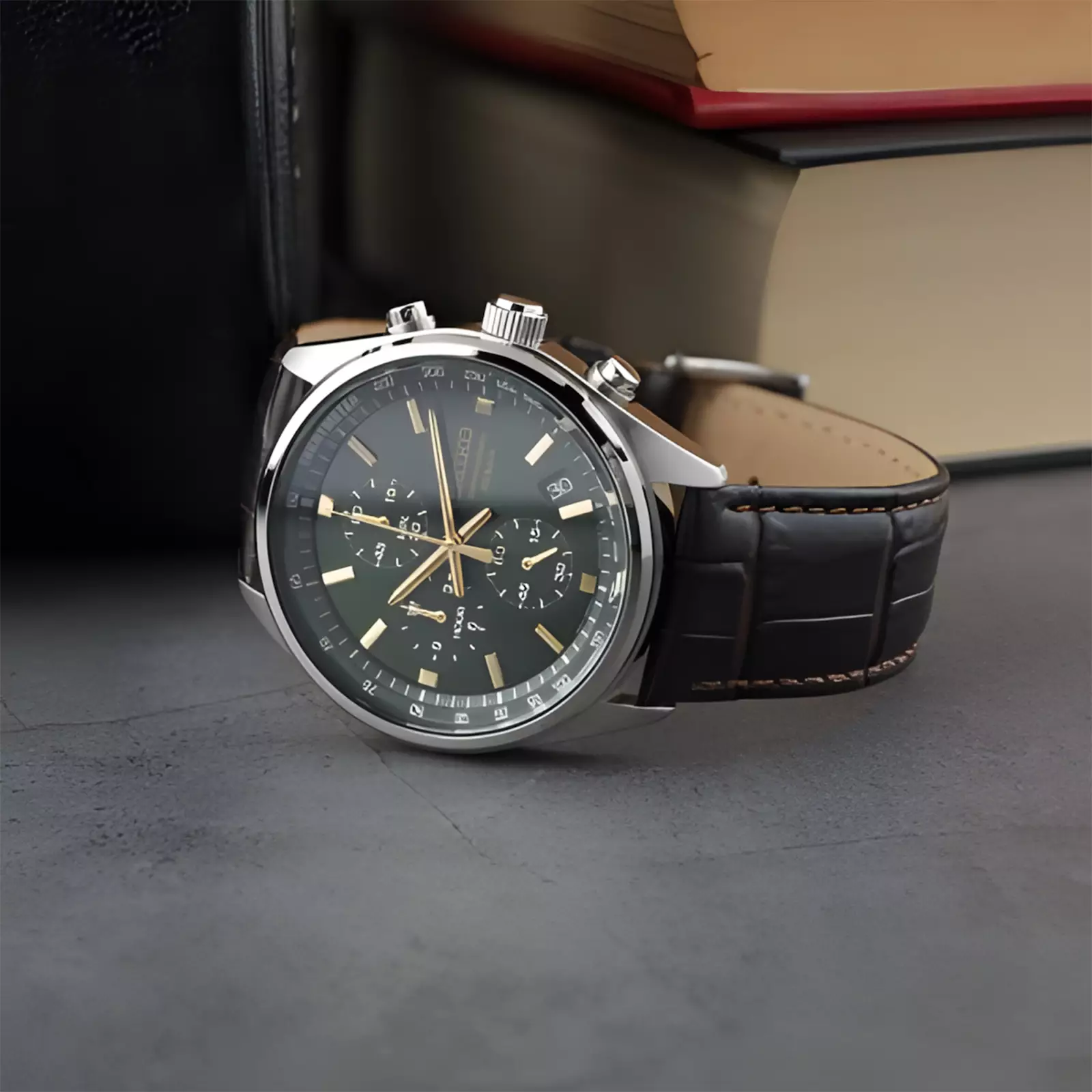 Seiko Chronograph - Jam Tangan Analog Pria - Green Dial Brown Leather Strap - SSB385P1