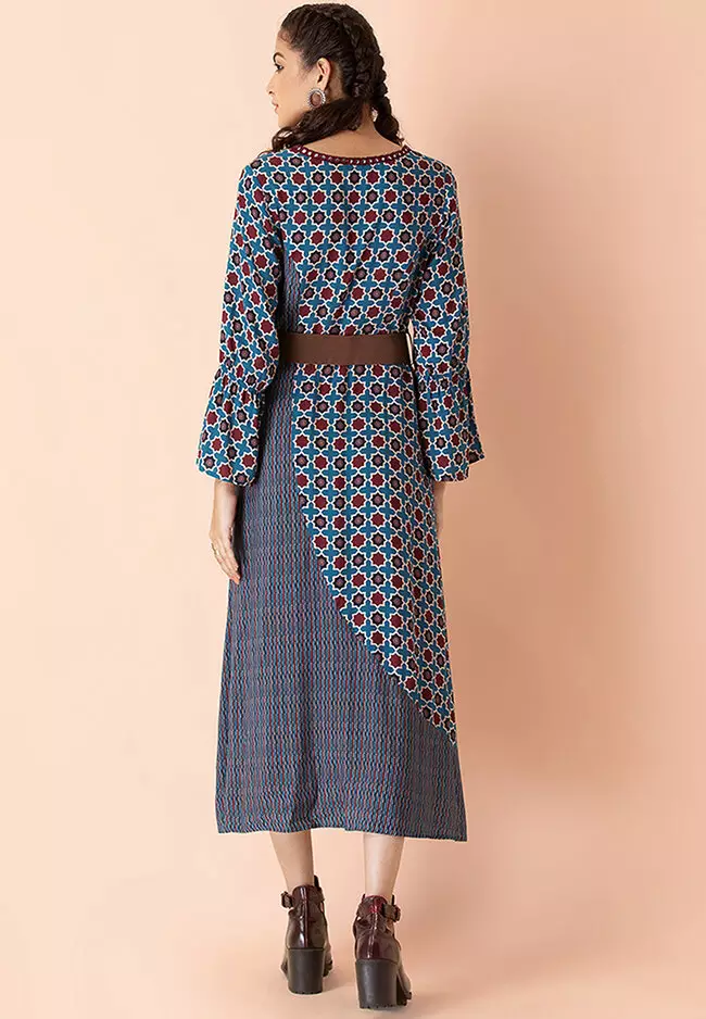 Earthen by Indya:Â Ajrakh Printed Belted A-Line Dress