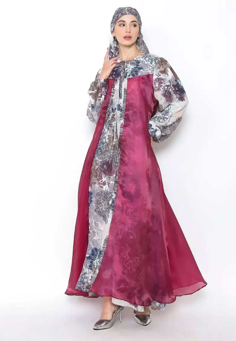 Rinjanie x Senorita  - Gamis Rosslen Red Wine - Gamis Set Scarf Raya - Gamis Set - Gamis Printing Mix Organza - Dress Raya - Dress mix organza - GMKY - RW
