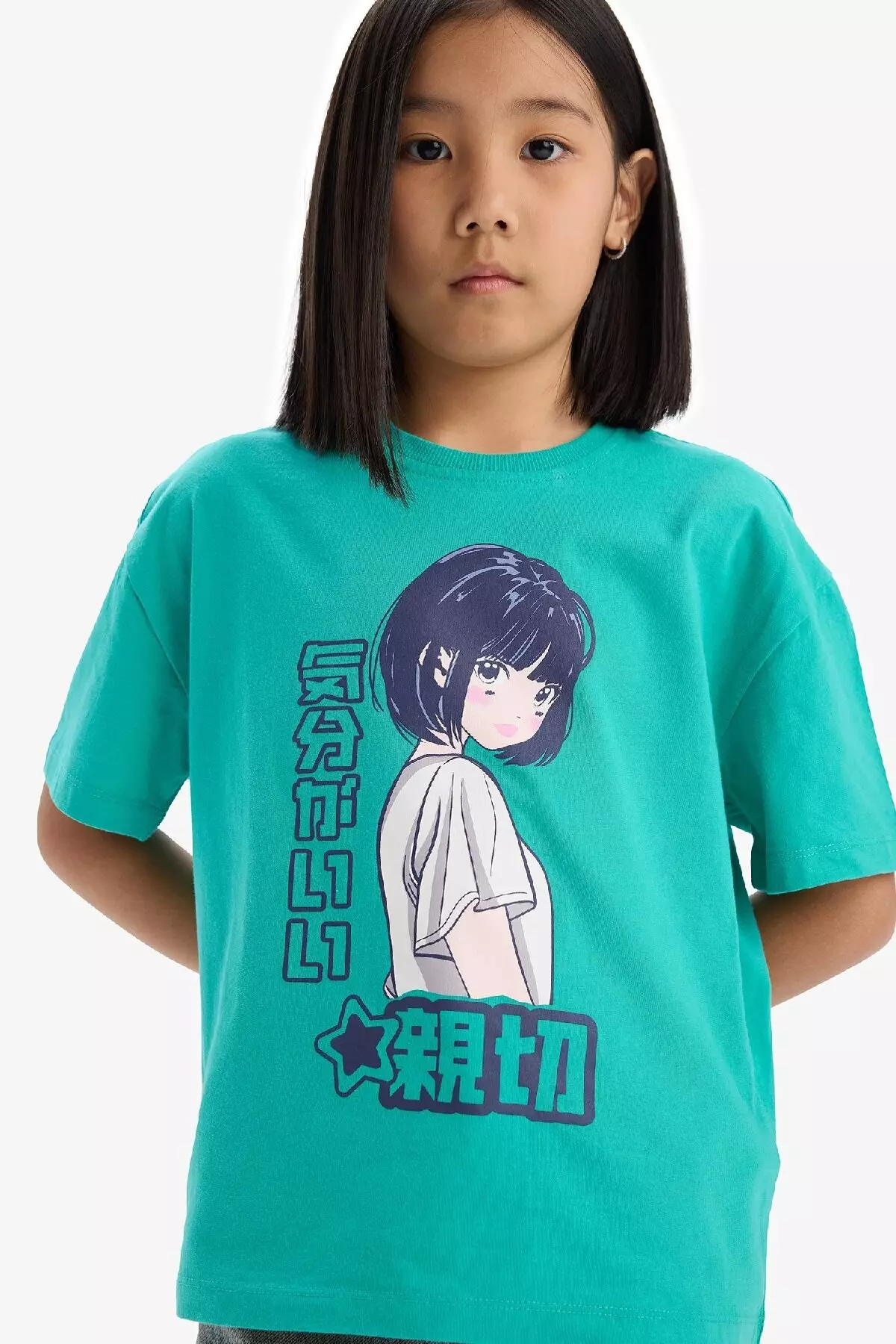 Girl's Oversize Wide Fit Crew Neck Printed Short Sleeve T-Shirt E0356A825Sm