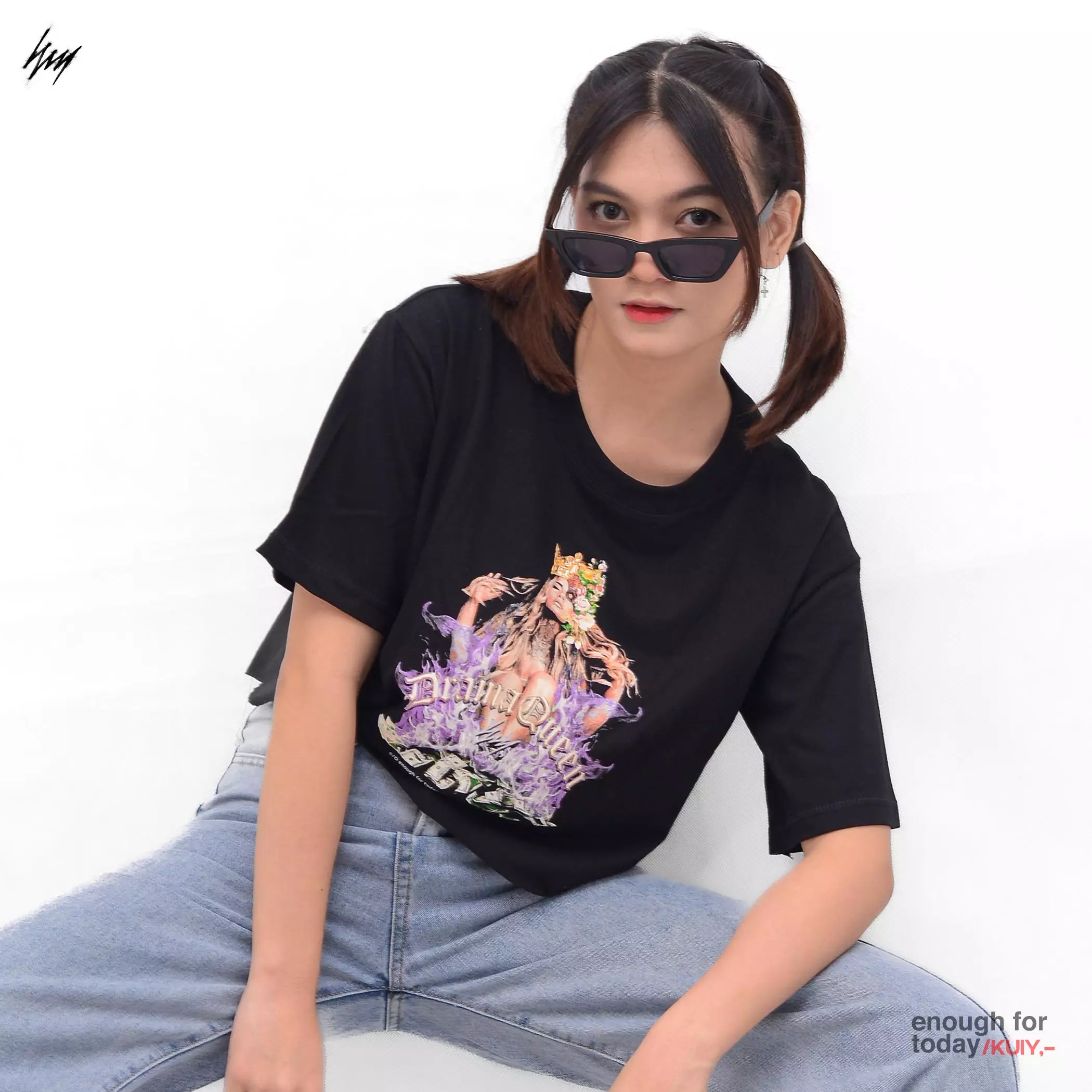 Enough For Today Kaos Crop Top Oversize Hitam Sablon Drama Queen | Crop Graphic Tshirt Wanita
