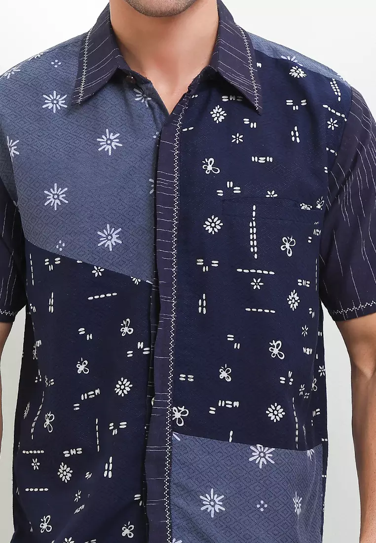 Kemeja Pria Lengan Pendek Batik Cap Dobby Spesial JFW Collection Binar Askara Navy