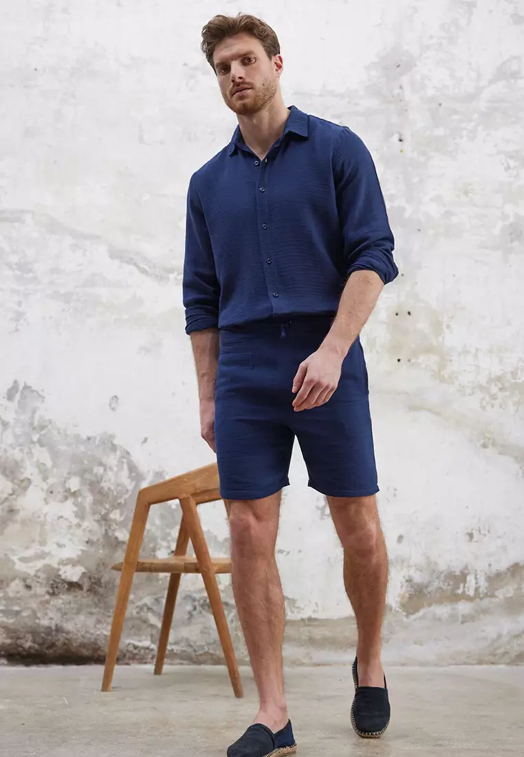 Navy Blue Regular Fit Muslin Fabric Linen Look 100% Cotton Shorts TMNSS25SR00059
