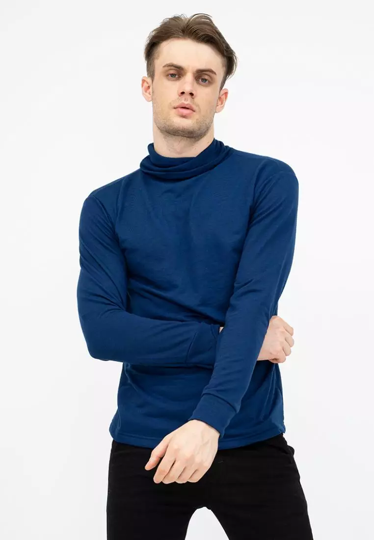 Turtle Neck pria lengan panjang biru navy kaos kerah tinggi slim fit houseofcuff