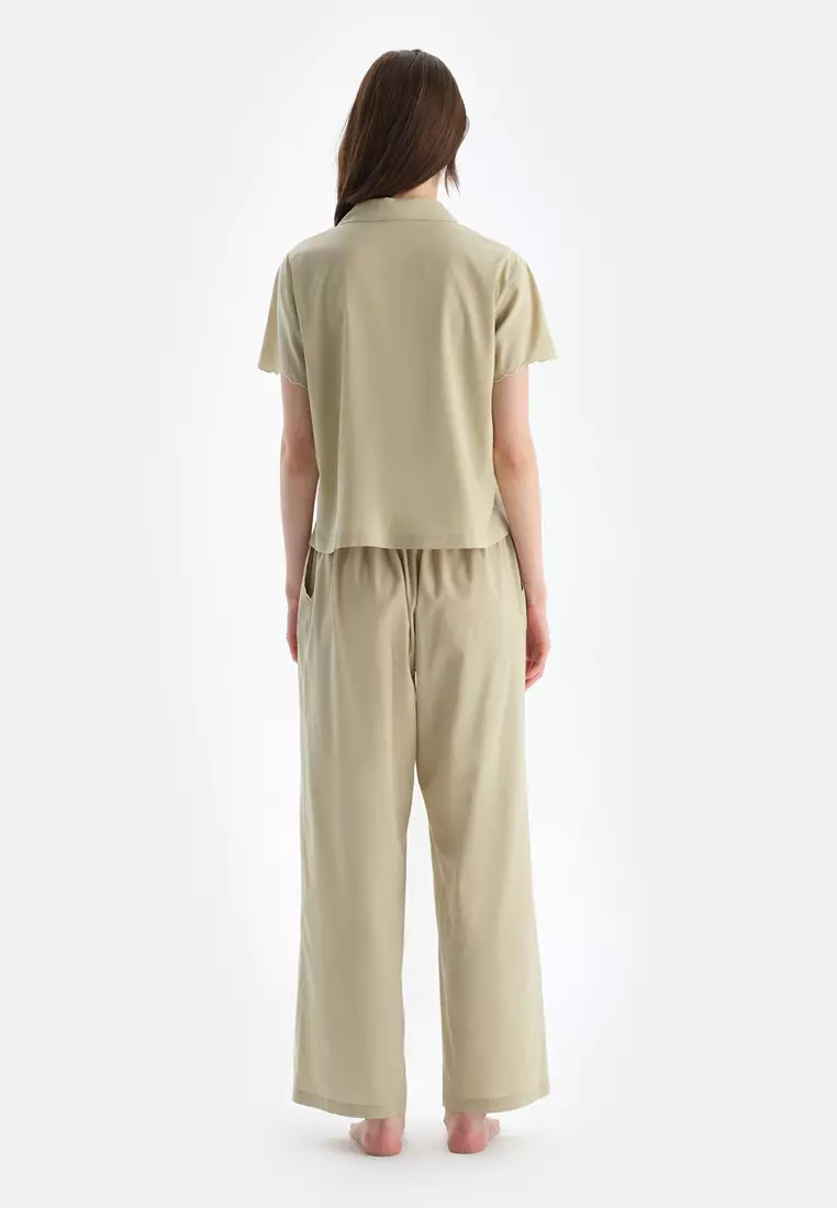 Light Green Woven Bottom Trousers, Regular, Long Leg, Sleepwear for Women