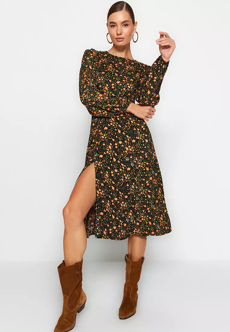 Slit Patterned Midi Dress