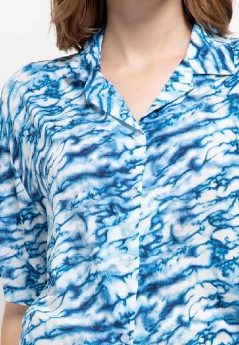 Nade FTA38 VCS Ladies kemeja rayon tie dye marmer kerah 2-in-2 kemeja piyama wanita biru