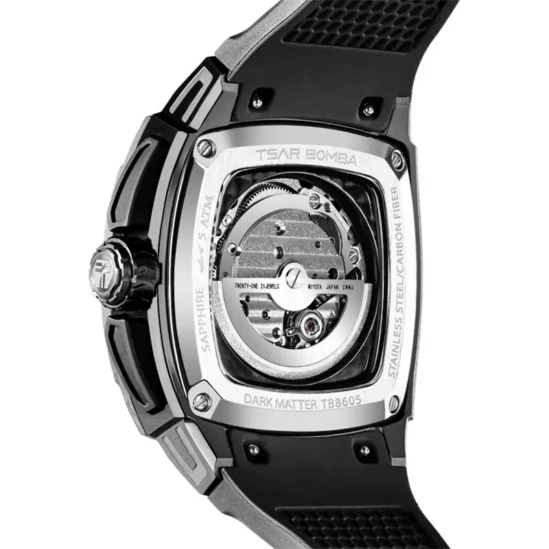 Jam Tangan Pria Tsar Bomba Dark Matter 5 TB8605-04 Automatic Carbon Fiber Bezel Skeleton Dial Black Rubber Strap