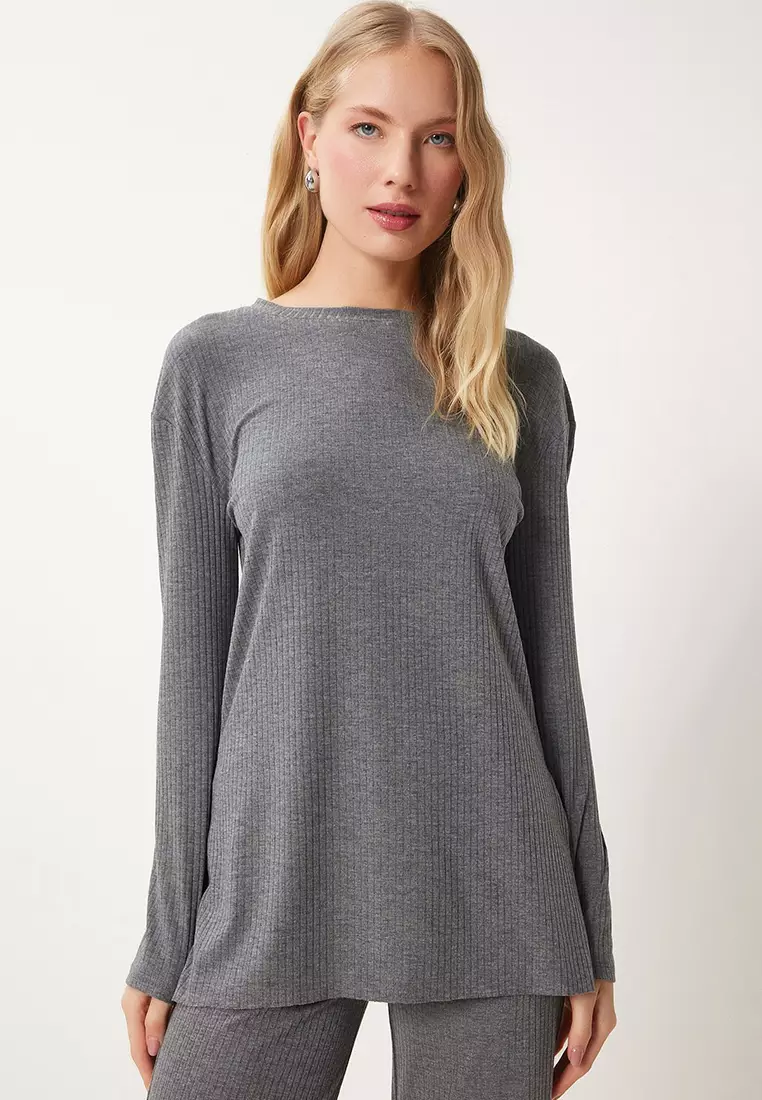 Comfortable Ribbed Knitted Blouse Trousers Set