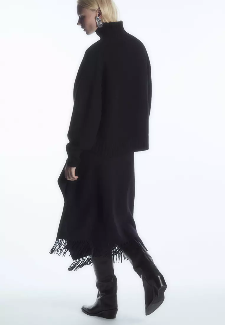 Fringed Wool Midi Wrap Skirt