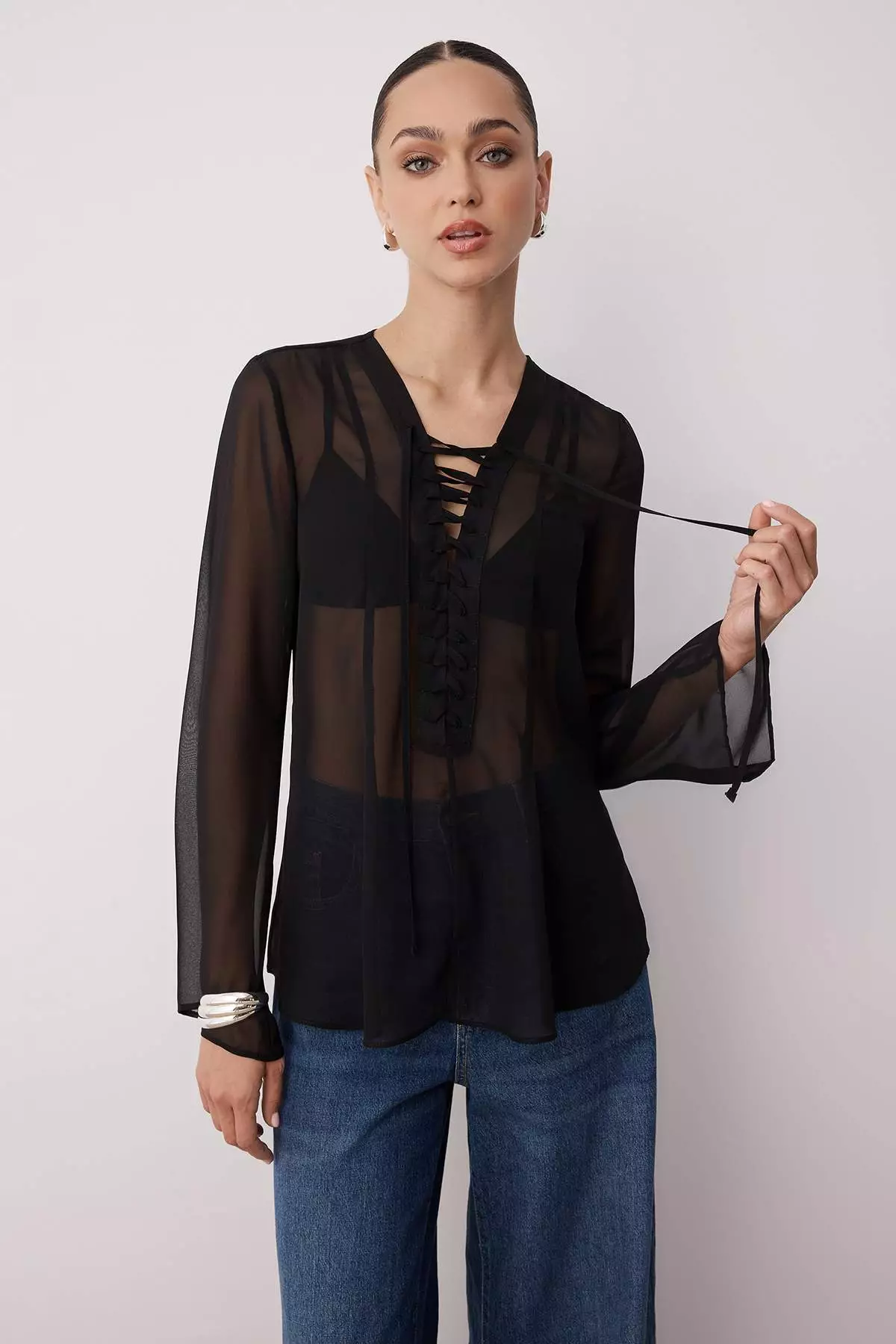 Black Chiffon See Through Tie Up Detail Blouse