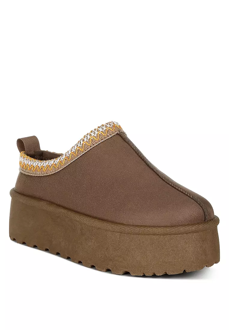 Taupe Embroidered Platform Fur Classic Slip-On