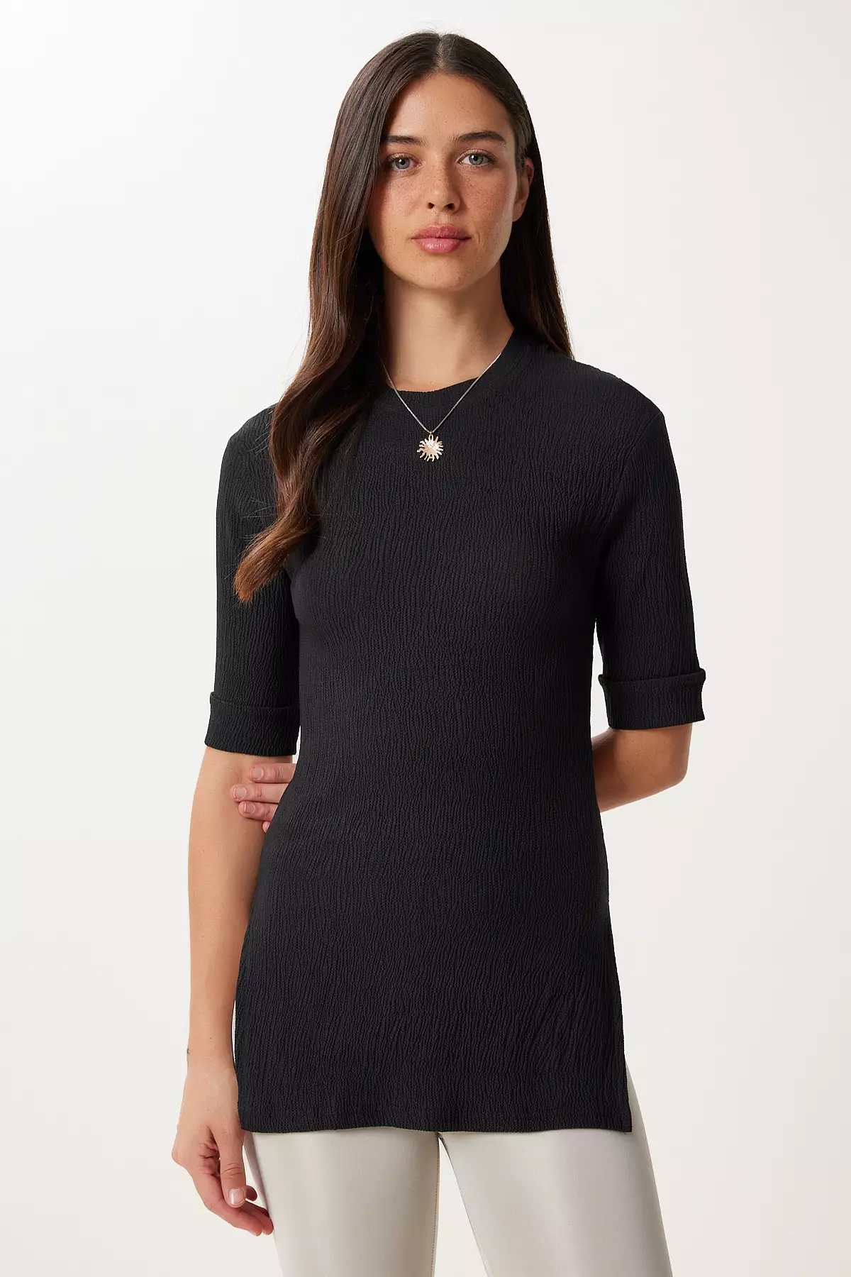 Women's Black Slit Bürmecük Knitted Blouse Dd01378