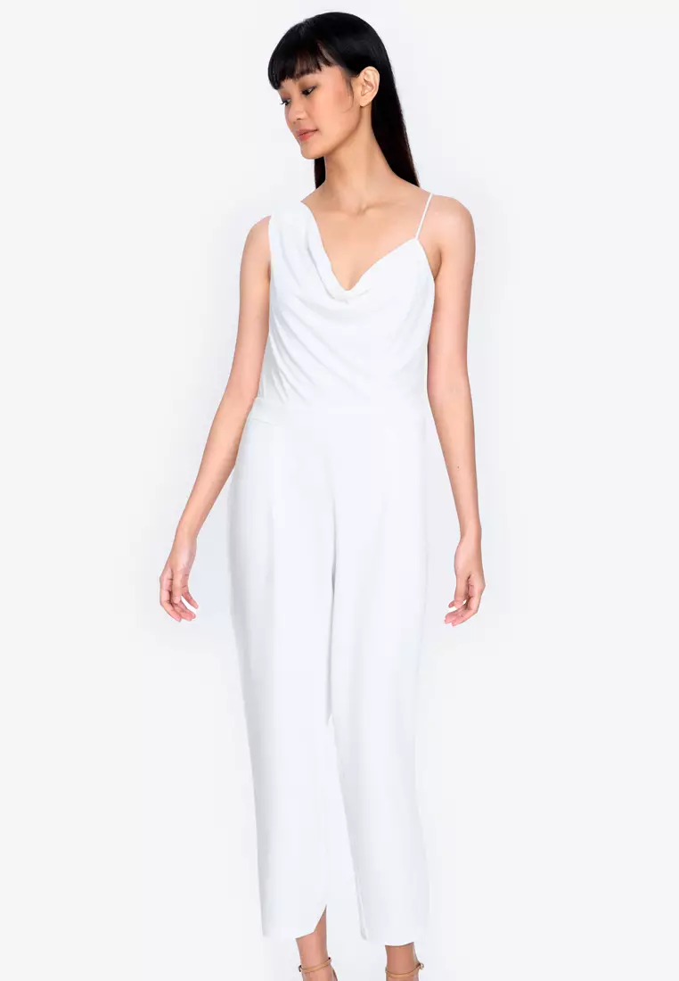 White Linen Look Drape Jumpsuit