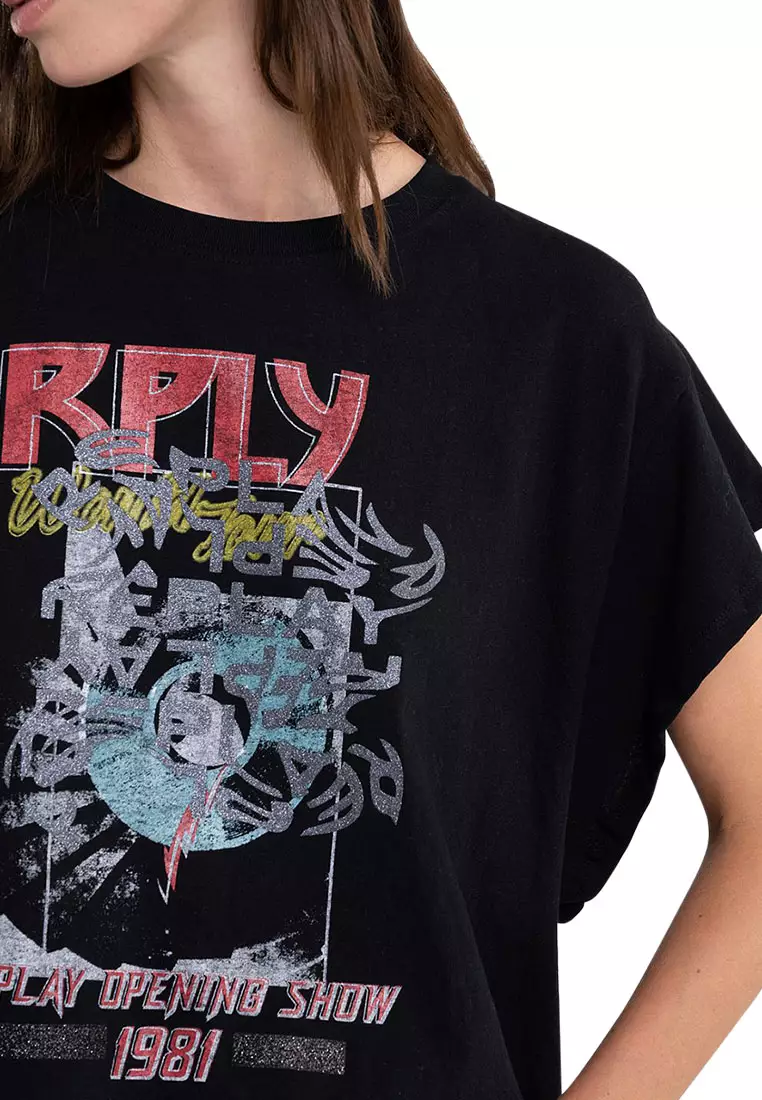 REPLAY BOXY FIT T-SHIRT WITH GLITTER PRINT