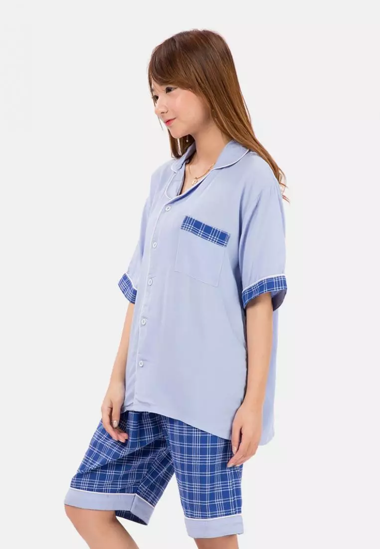 Gingham Solid Pajamas Set