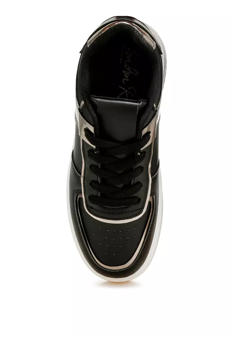 Metallic Paneling Platform Sneakers in Black Pewter