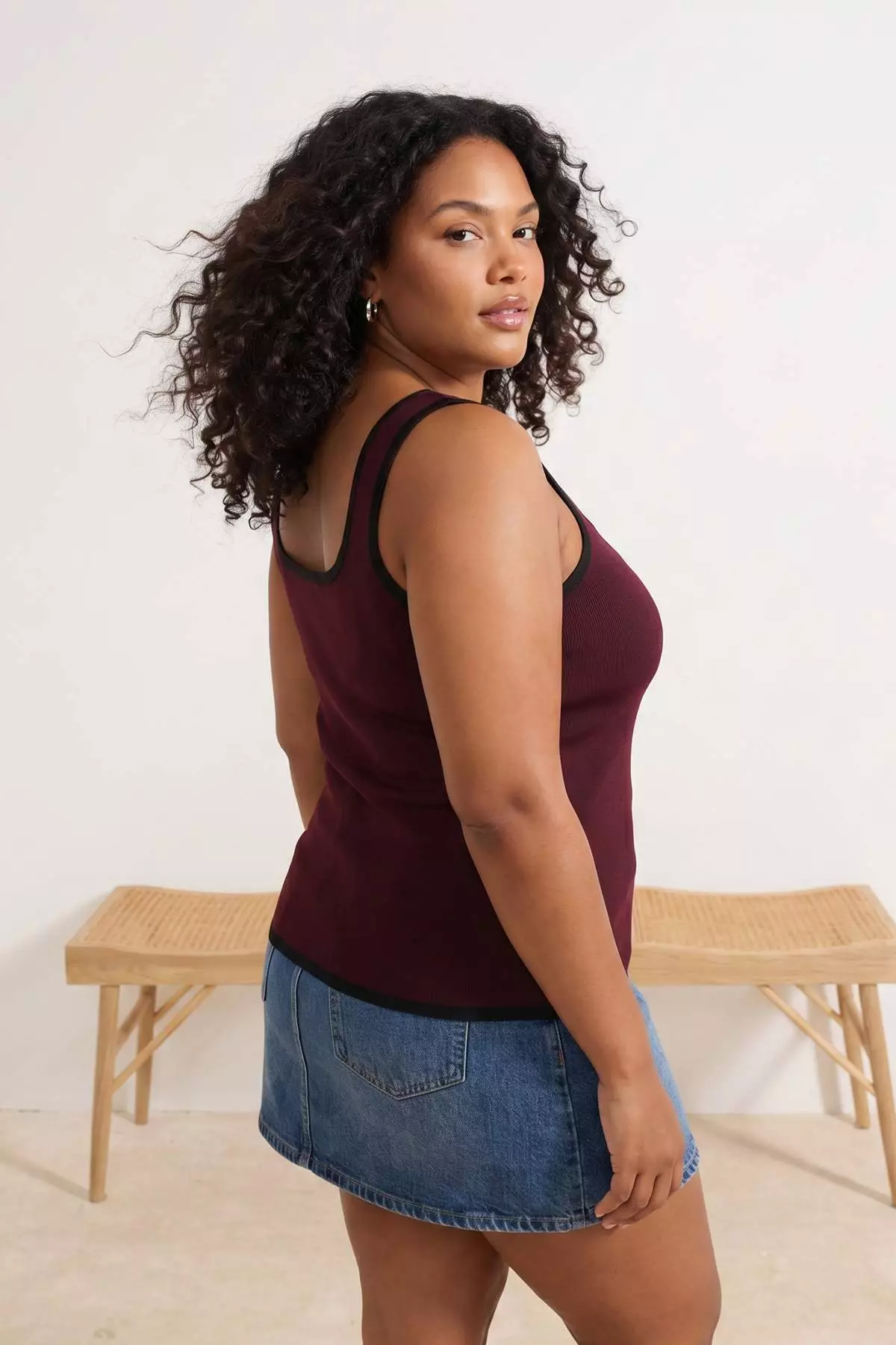 Burgundy Stripe Detailed Square Neck Bodycon Slim Knitwear Blouse Tbbss24Af00052