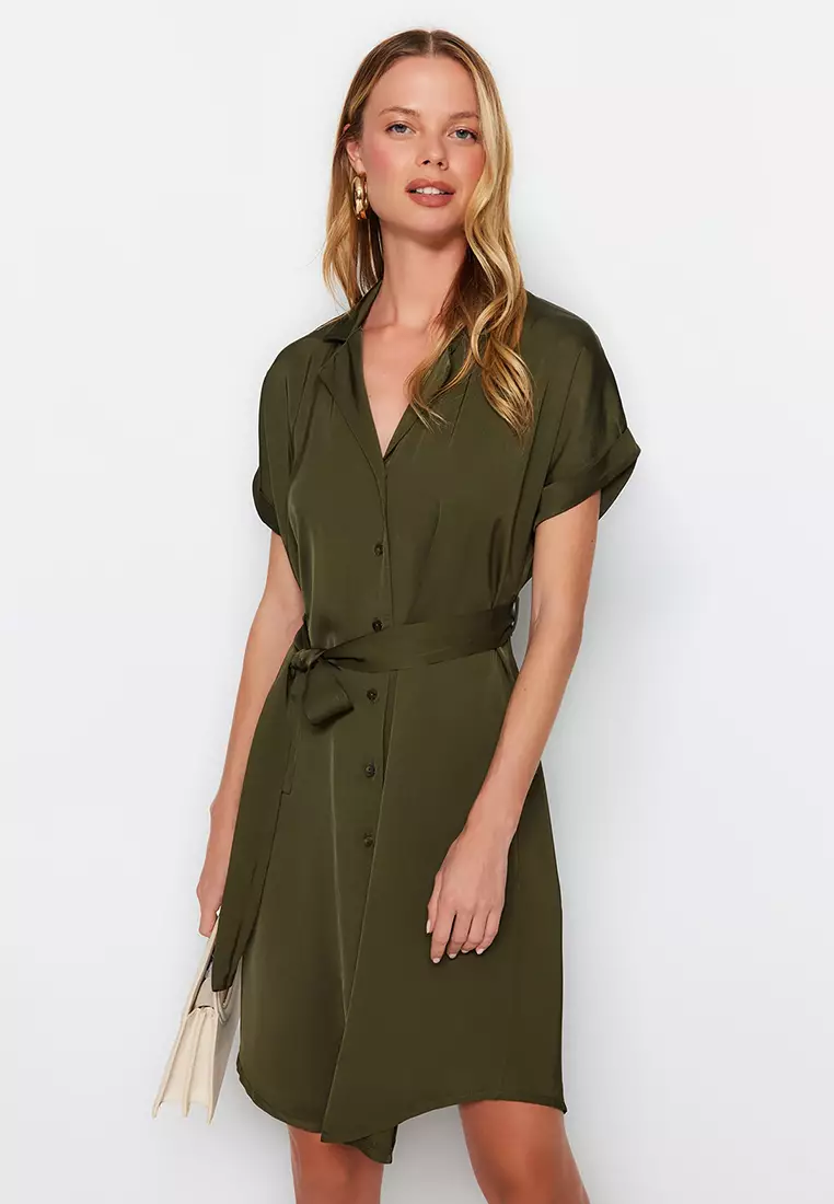 Self-Starter Olive Green Shirt Dress, 52% OFF