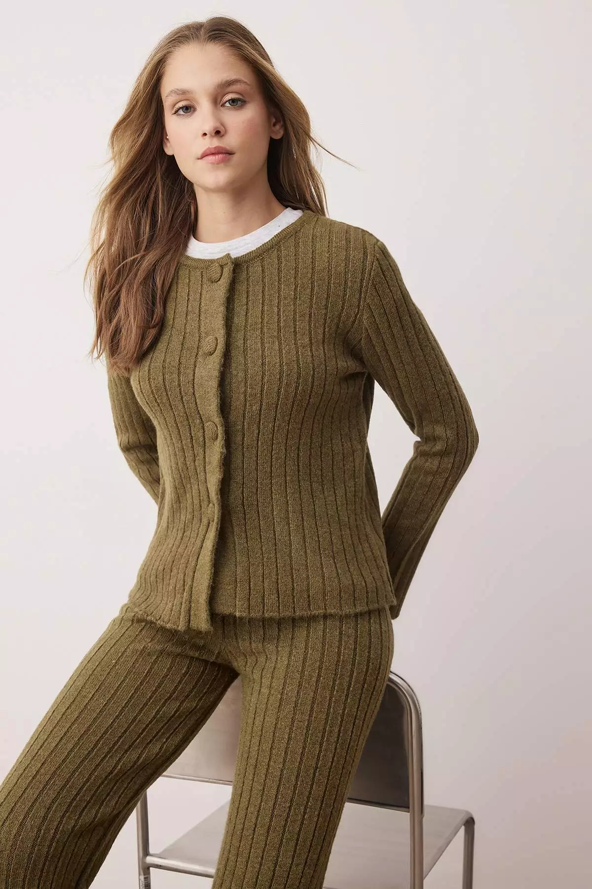 Khaki Soft Textured Sweater-Pants Knitwear Bottom-Top Set Twoaw26Au4