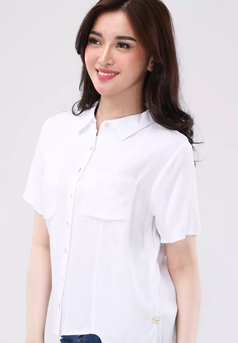 Bold Twill Short Sleeves Collared Blouse