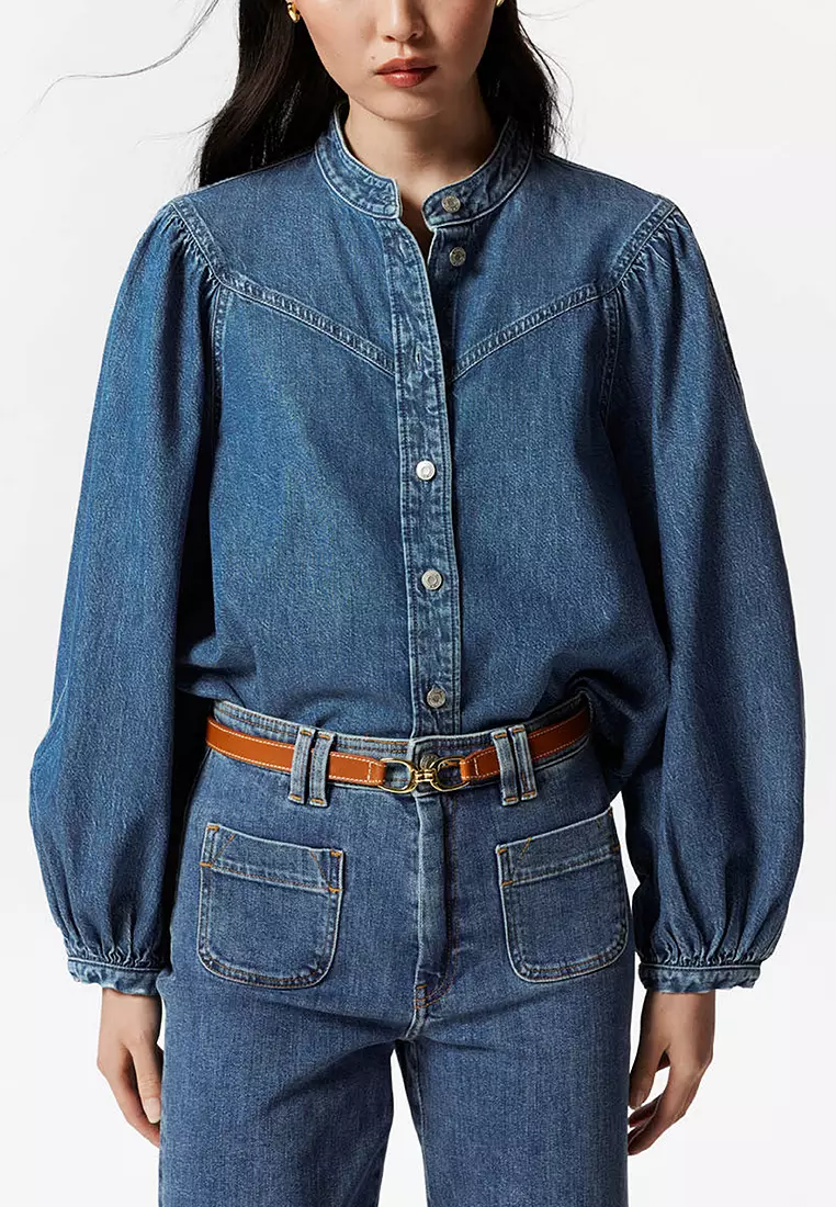 Puff-Sleeve Denim Blouse