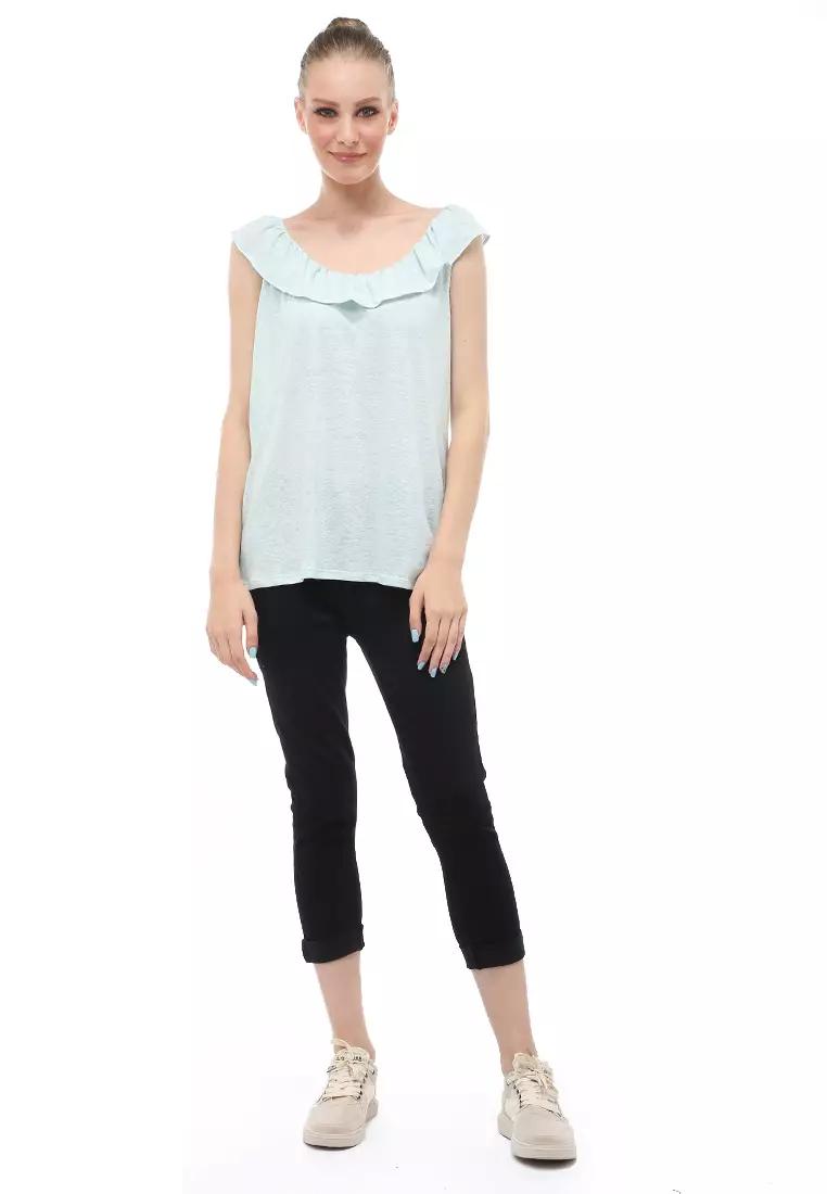 Baju Atasan Ruffled Linen Blend Jersey Wanita Relaxed Fit - Light Tosca