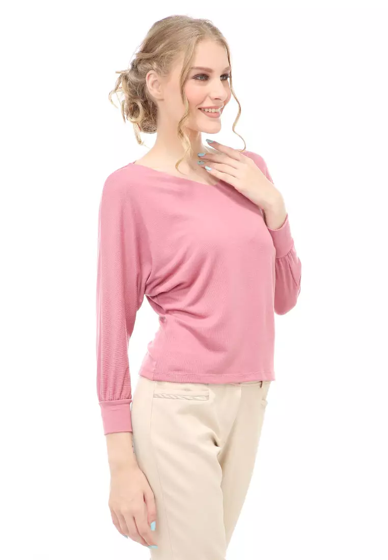 Genevie Shirt Kaos Atasan Kasual Wanita Lengan Panjang Kupu-kupu Material Cotton ORIGINAL - Pink