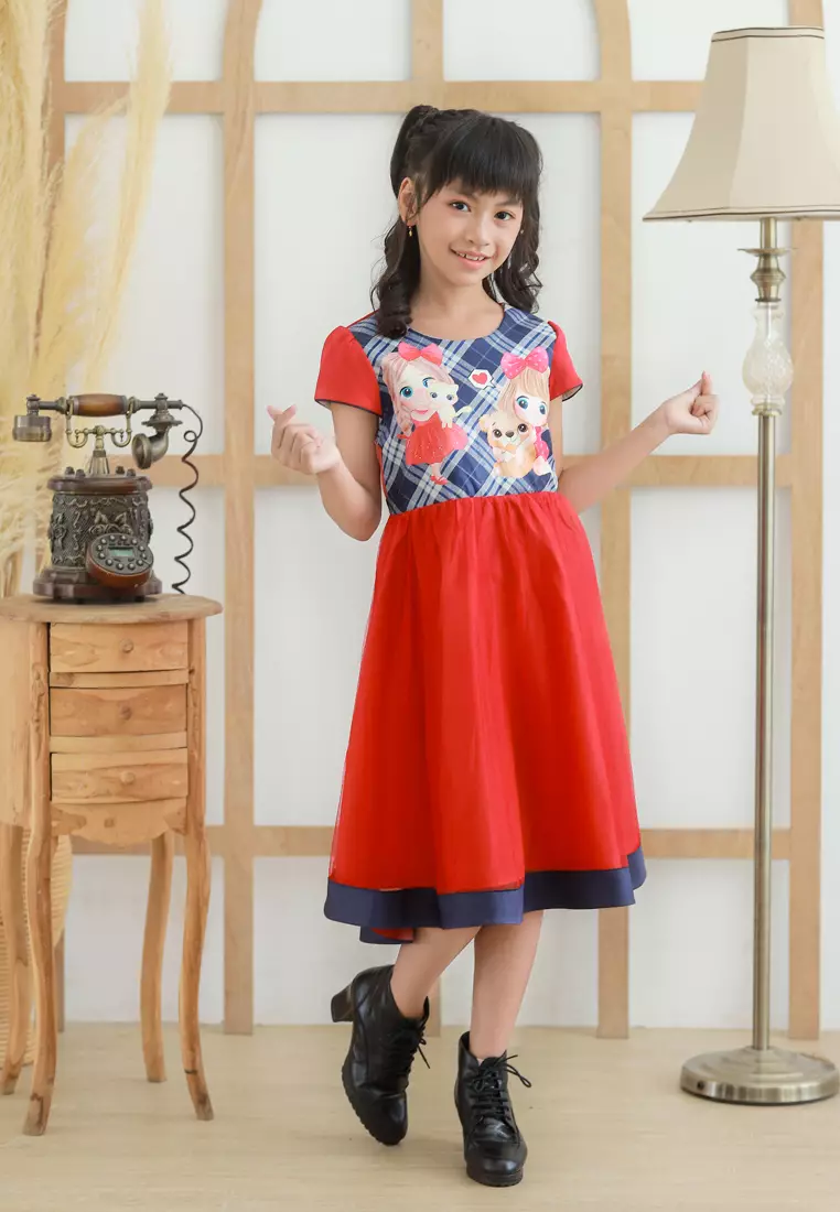 Two Mix Dress Anak Perempuan Fashion Nonik Cantik Usia 1-12 Tahun 4229 Merah