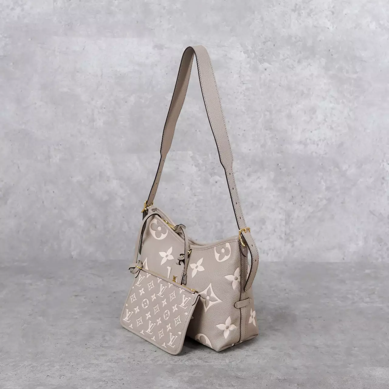 Tas LOUIS VUITTON LV CARRY ALL PM MONOGRAM EMPREINTE BEIGE LEATHER ZIP SHOULDER BAG 100% ORIGINAL