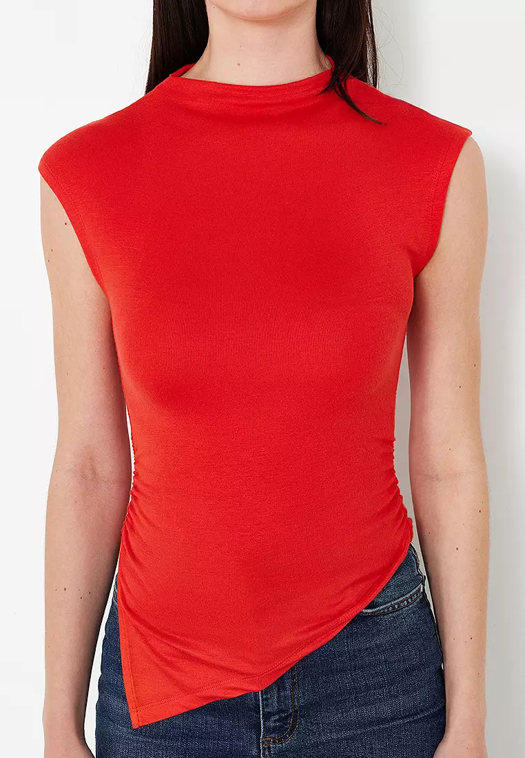 Red Stand Collar Gather/Drape Detailed Fitted/Asymmetrical Knitted Blouse