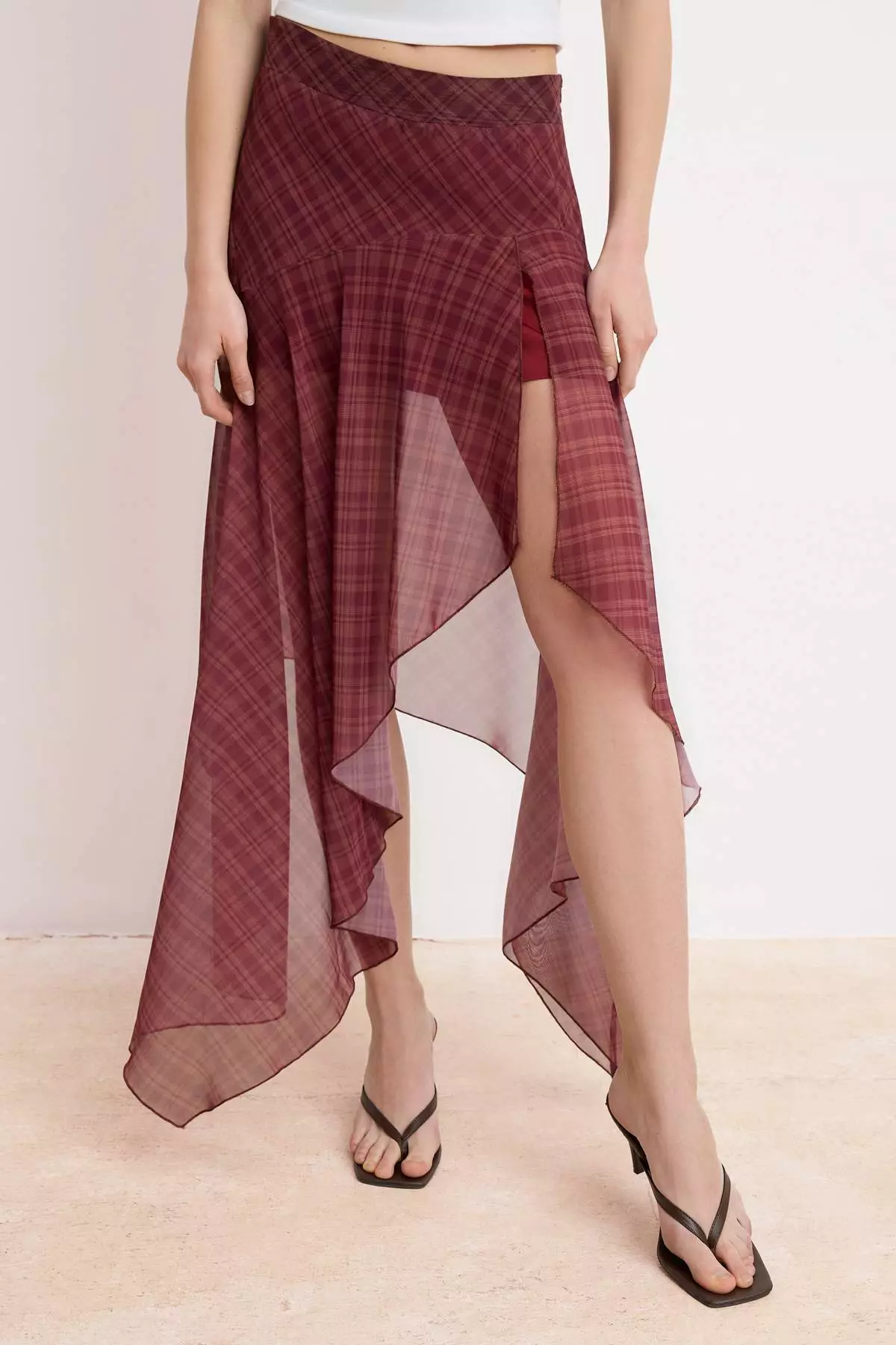 Burgundy Chiffon Plaid Asymmetrical Mini Skirt Twoss26Et161