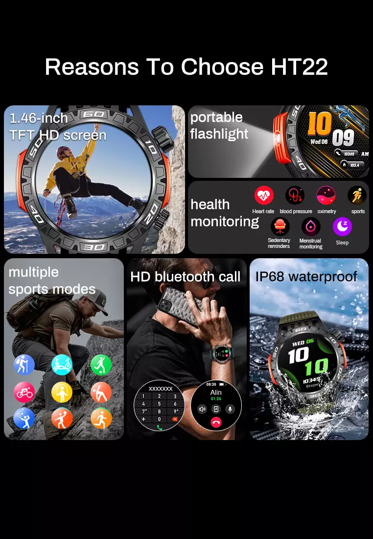 Smart Watch HT22 1.46 inch TFT HD Screen Jam Pintar SOS help function outdoor tools compass green