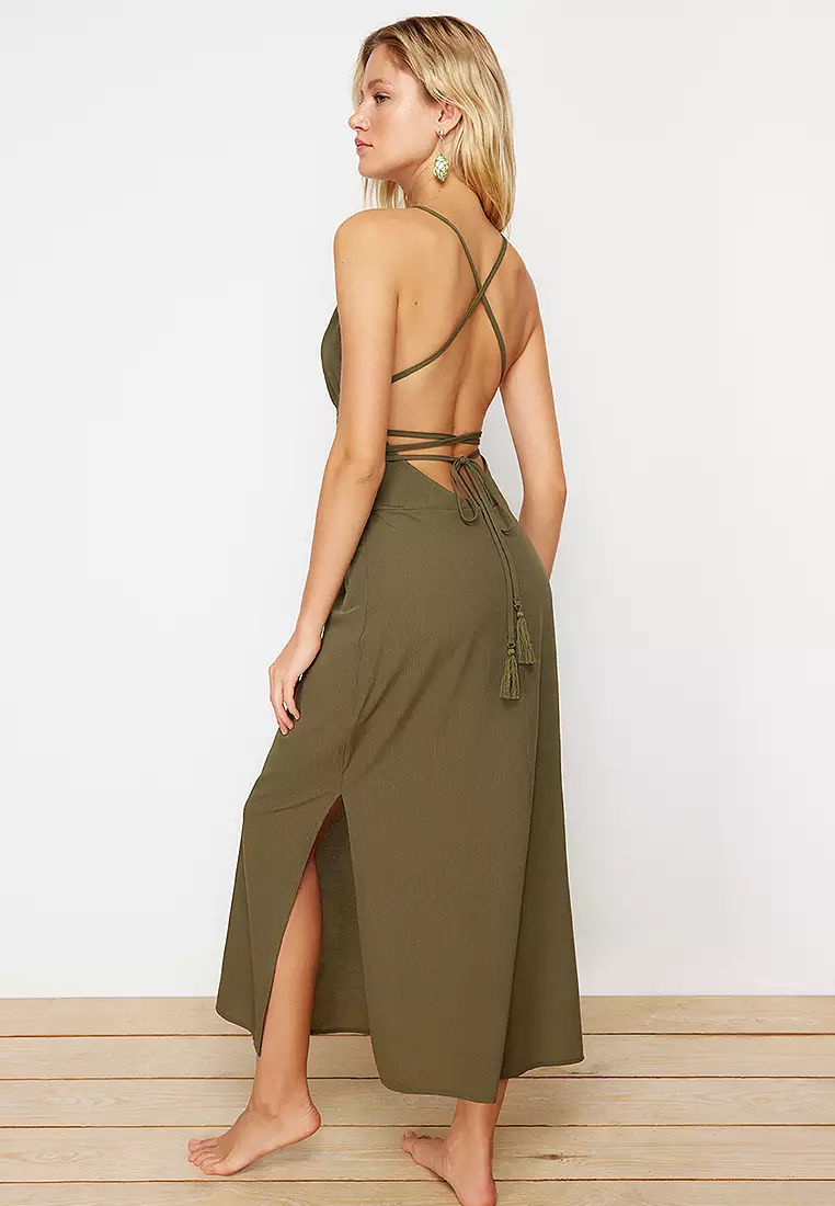 Khaki Midi Woven Backless Beach Dress