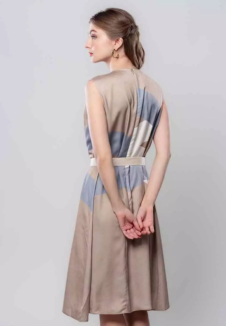 Virelle Pleated Shift Sleeveless Dress with Adjustable Belt