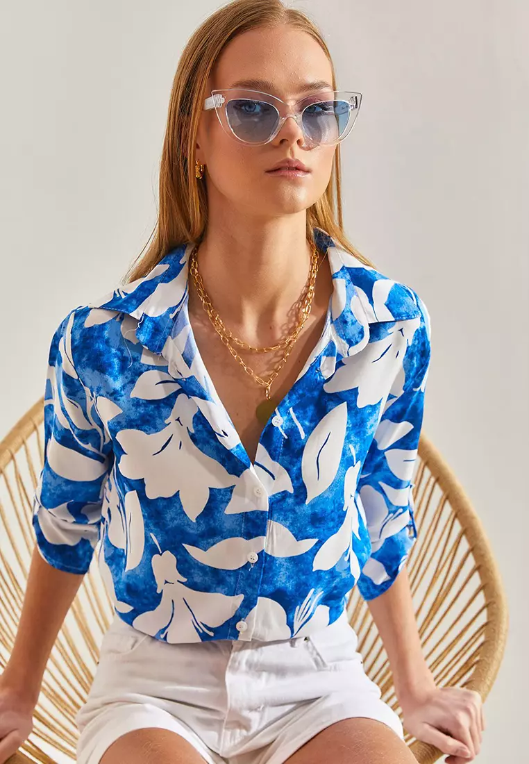 Women's Large Leaf Patterned Viscose Shirt 60101027