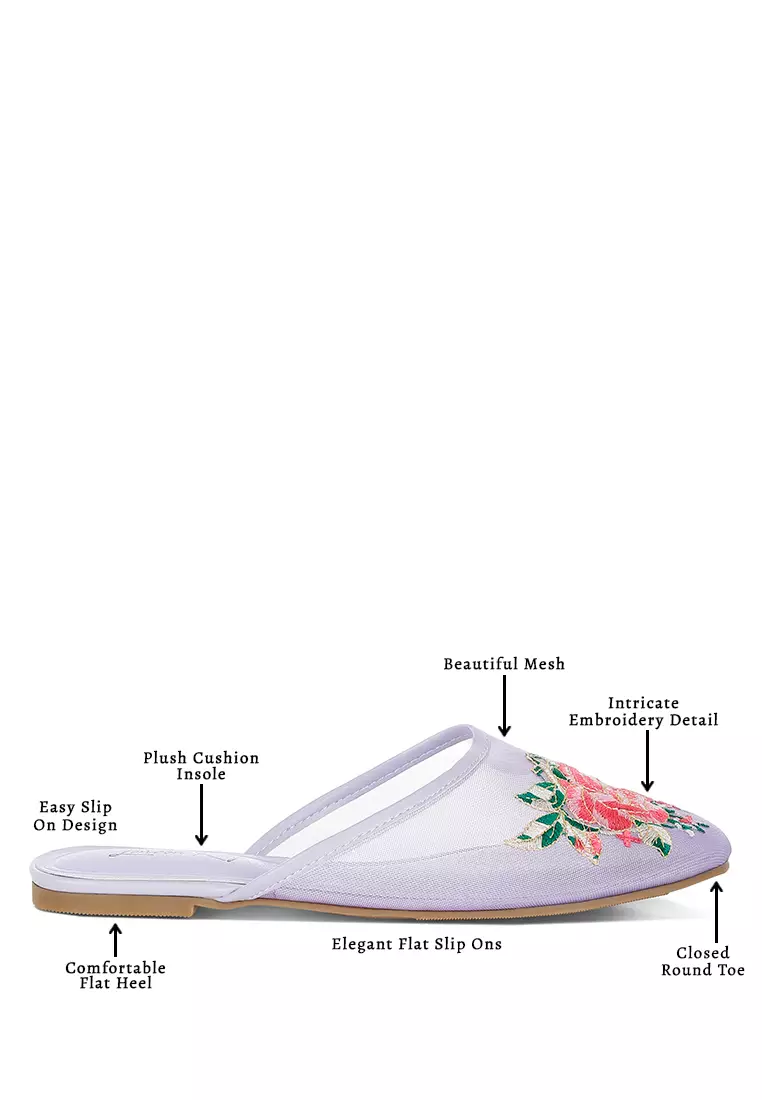 Floral Embroidered Mesh Mules in Lilac