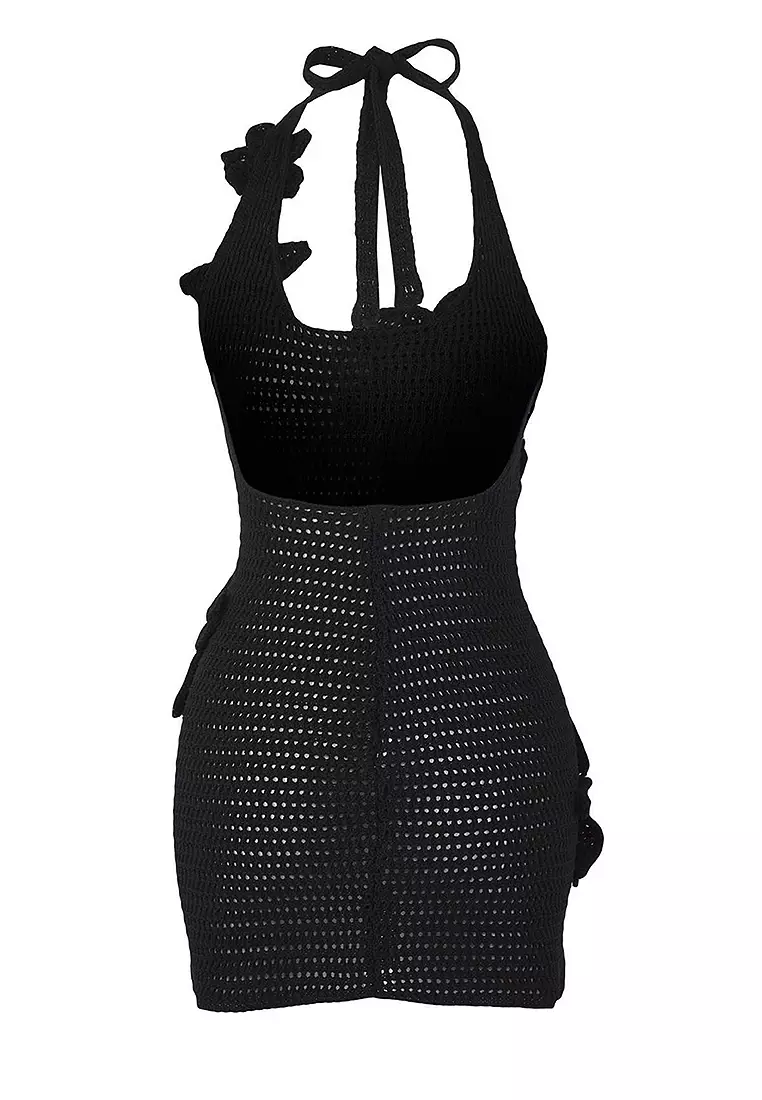 Floral Detailed Halter Neck Knit Crochet Beach Dress